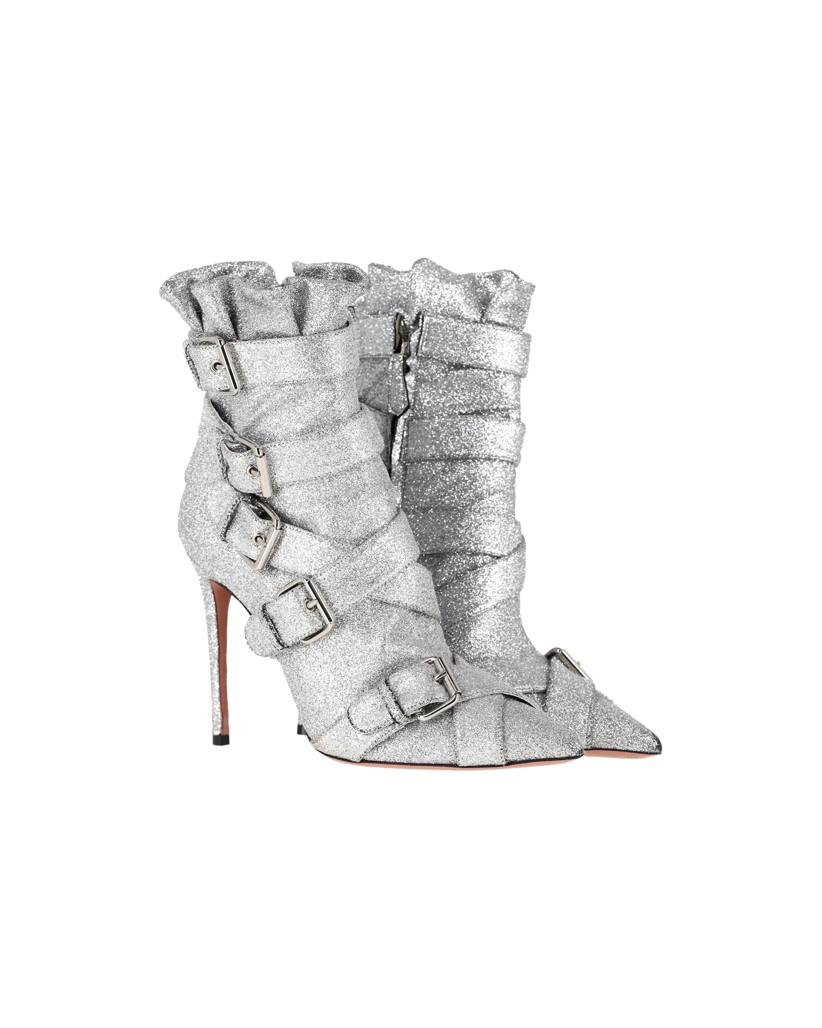 Aquazzura Glitter Buckled Heeled Ankle Boots in Silver Canvas