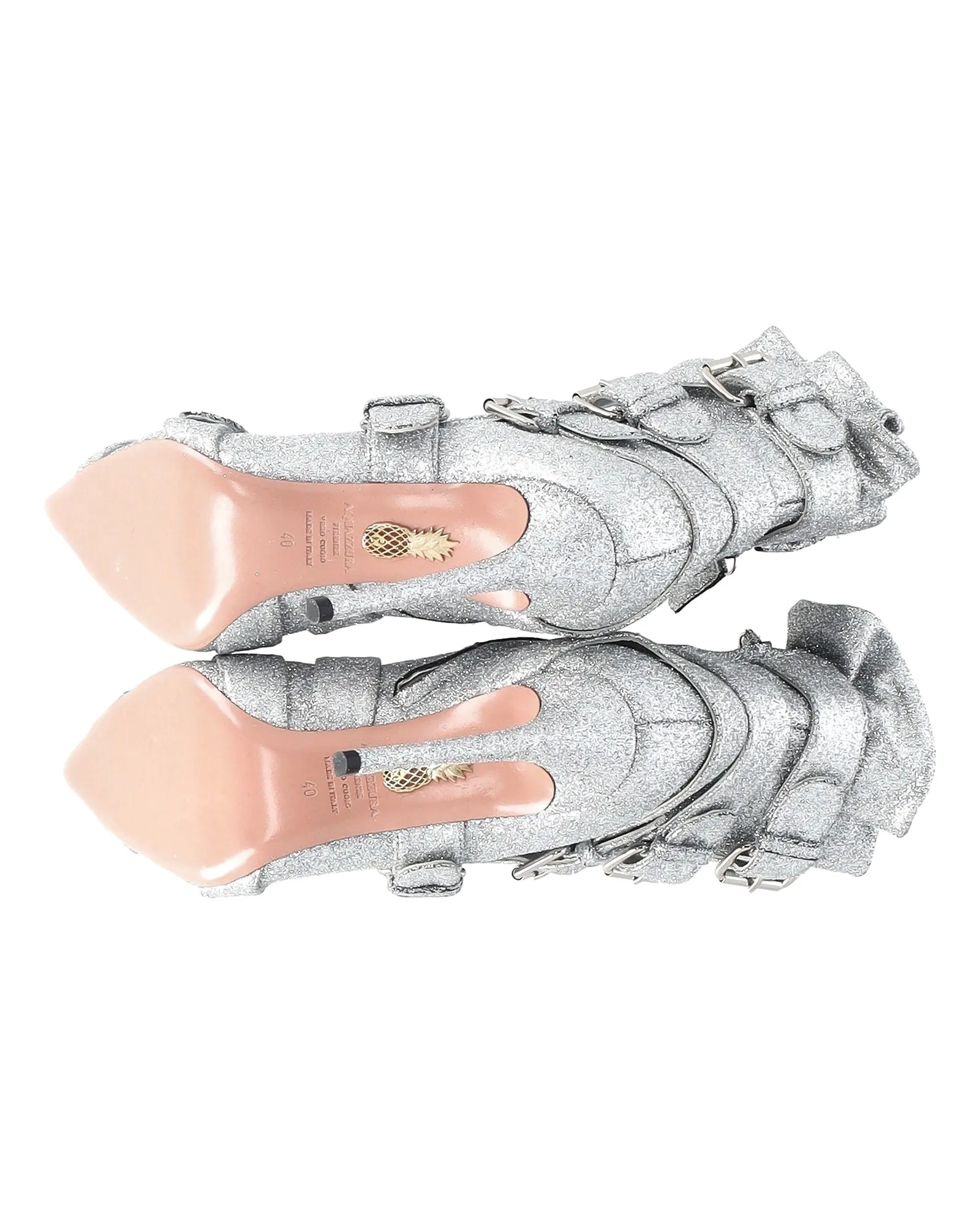 Aquazzura Glitter Buckled Heeled Ankle Boots in Silver Canvas