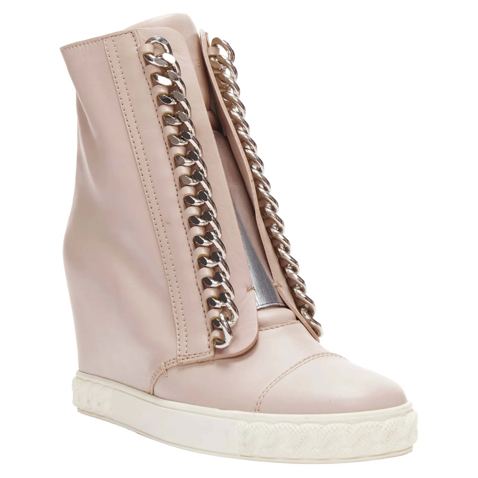 Casadei leather silver chain trim ankle wedge sneakers
