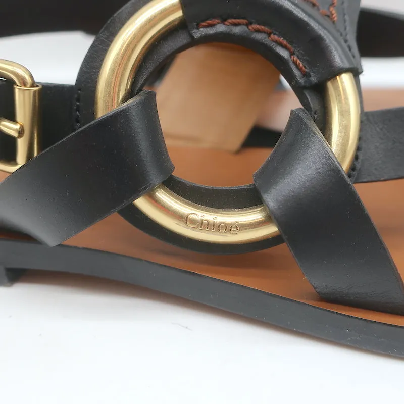 Chloe Demi Flat Slingback Thong Sandals Black Leather Size 38