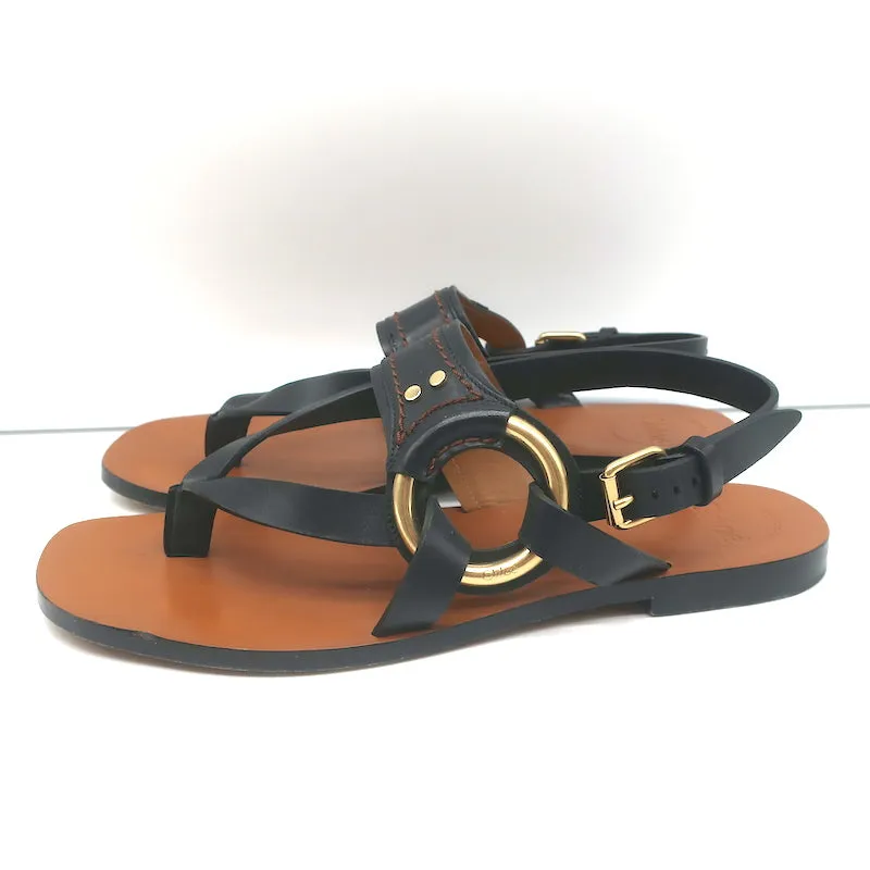 Chloe Demi Flat Slingback Thong Sandals Black Leather Size 38
