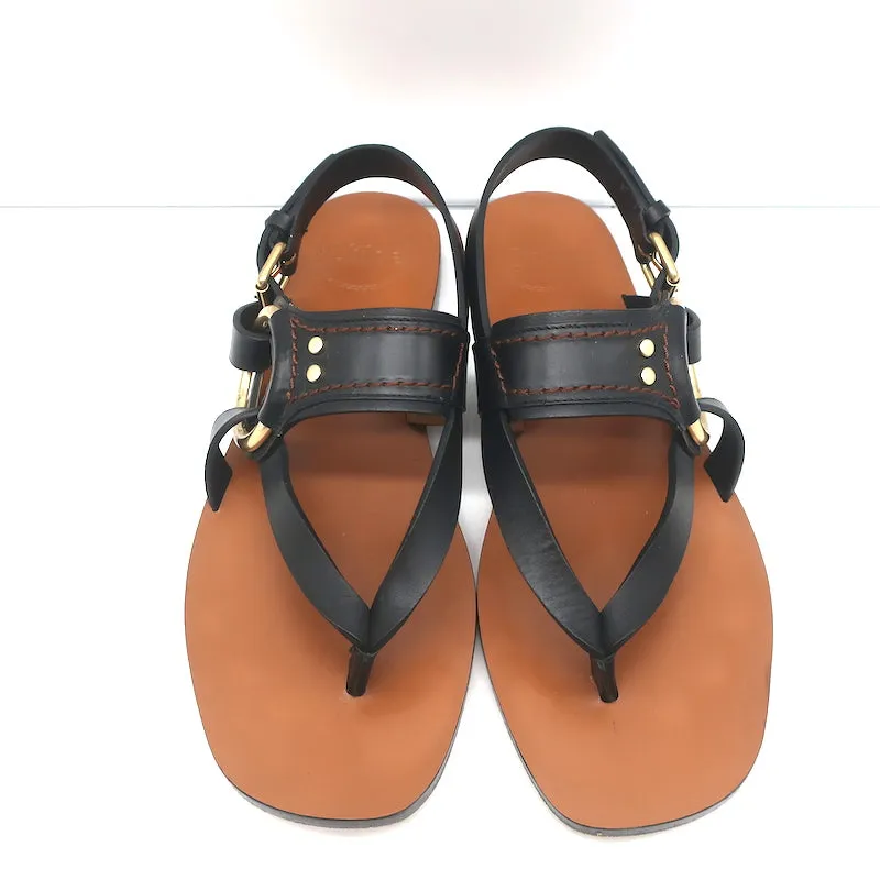 Chloe Demi Flat Slingback Thong Sandals Black Leather Size 38