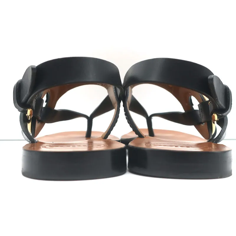 Chloe Demi Flat Slingback Thong Sandals Black Leather Size 38