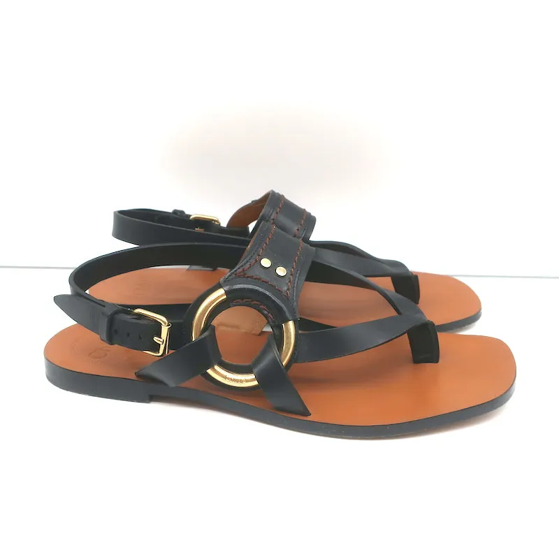 Chloe Demi Flat Slingback Thong Sandals Black Leather Size 38