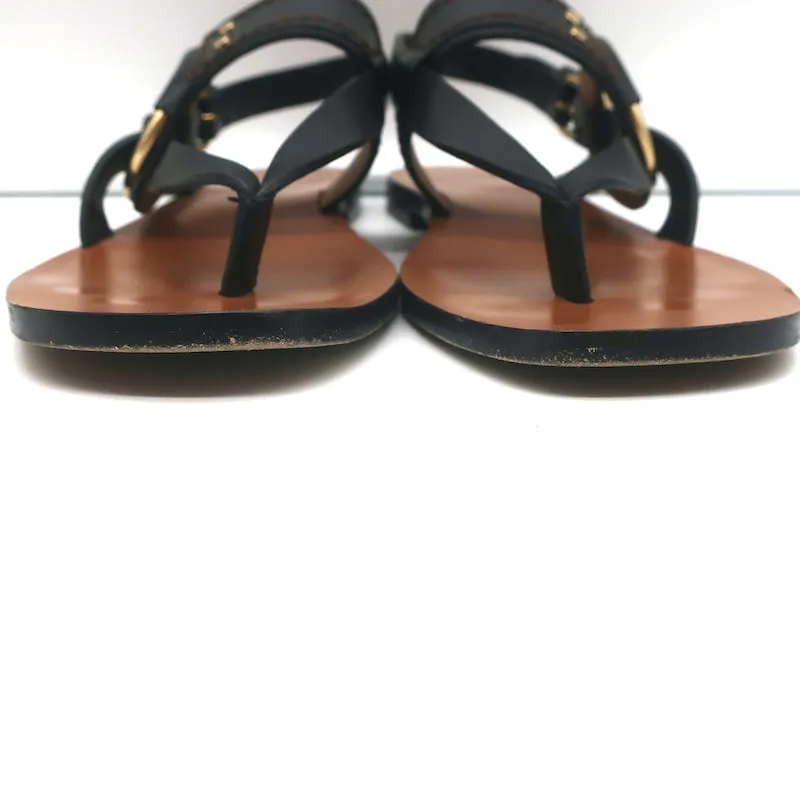 Chloe Demi Flat Slingback Thong Sandals Black Leather Size 38
