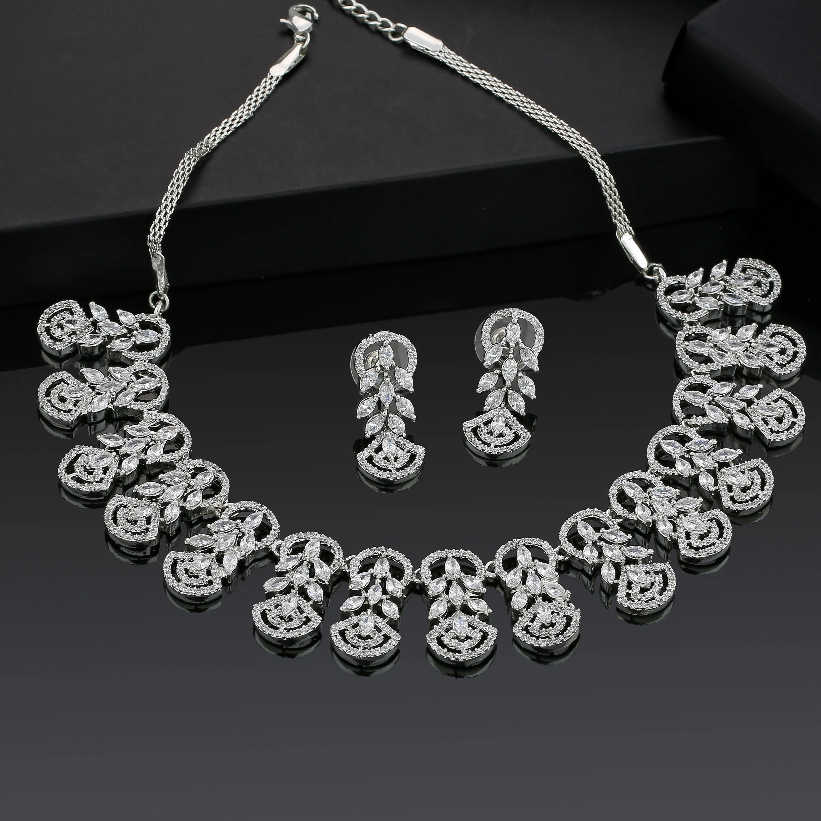 Estele Rhodium Plated CZ Marquise Melody Necklace Set for Women