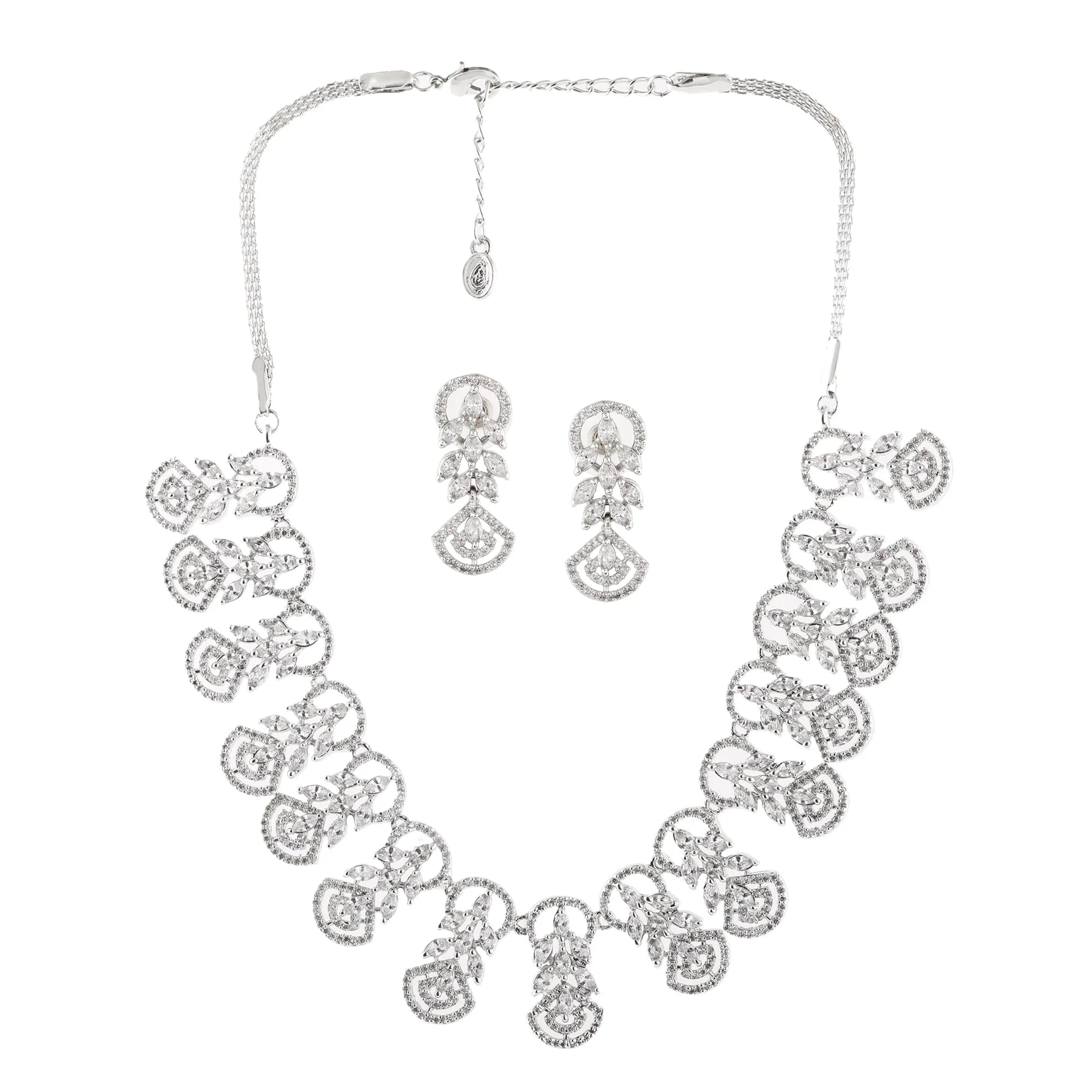 Estele Rhodium Plated CZ Marquise Melody Necklace Set for Women