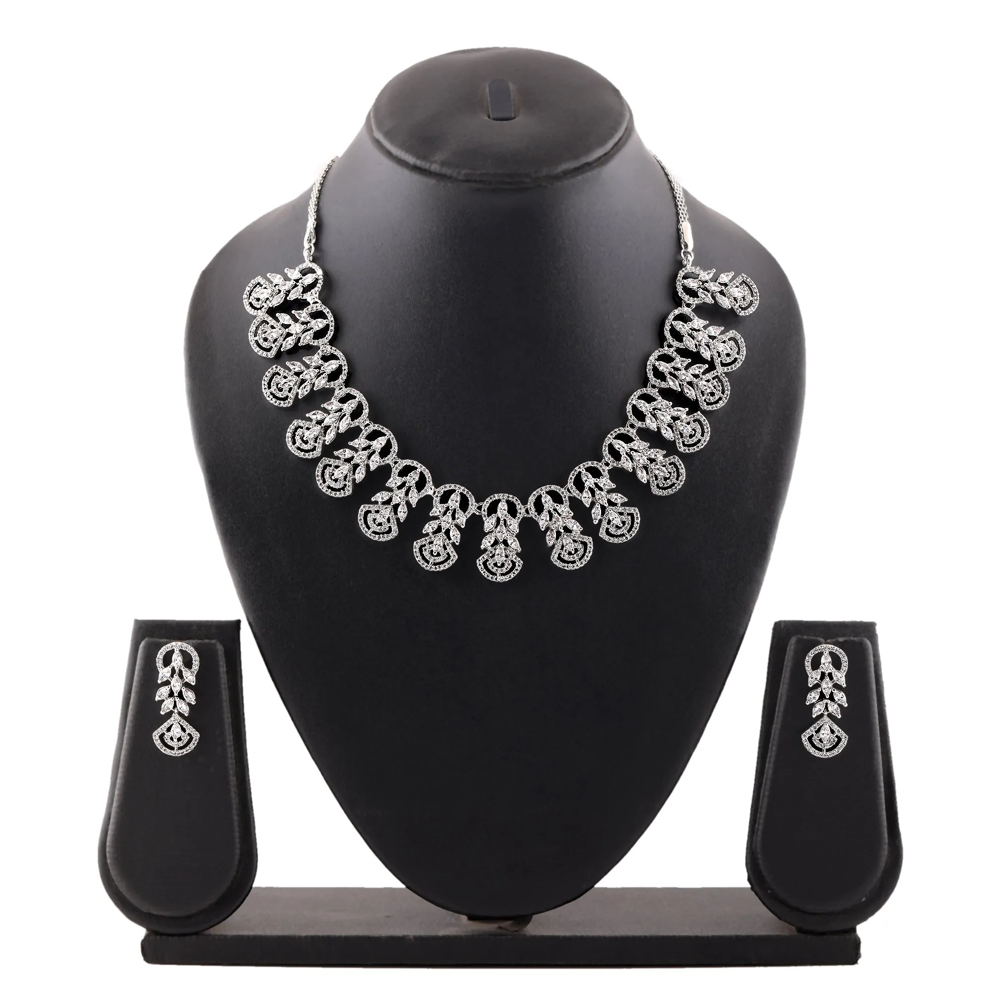 Estele Rhodium Plated CZ Marquise Melody Necklace Set for Women