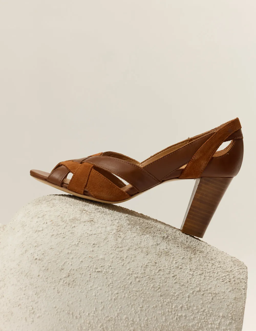 Heeled sandals Clémentine H - Cognac leather and suede