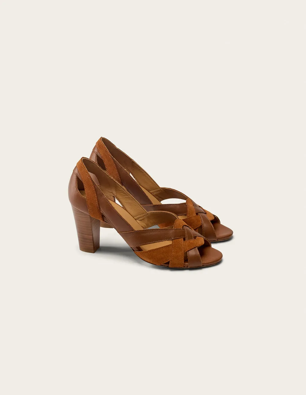 Heeled sandals Clémentine H - Cognac leather and suede