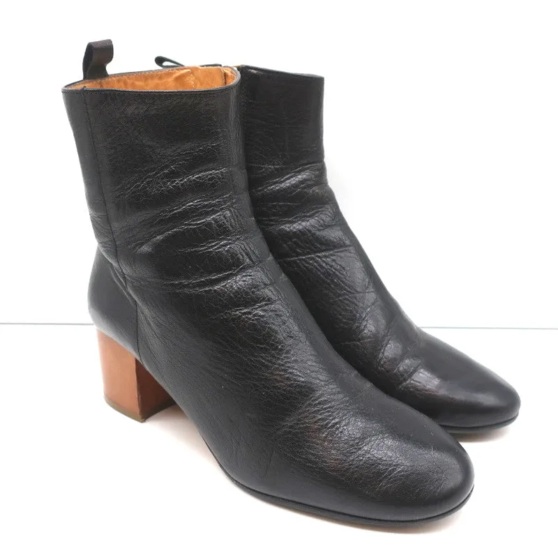 Isabel Marant Etoile Ankle Boots Drew Black Leather Size 37 Wood Heel Booties