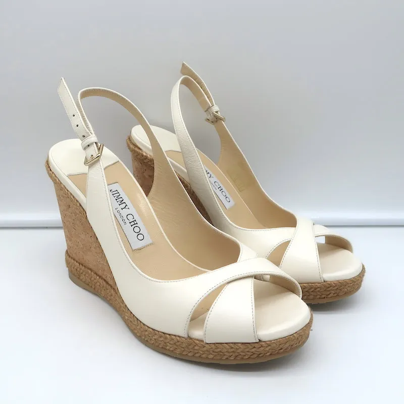 Jimmy Choo Amely 105 Slingback Cork Platform Wedge Sandals White Leather Size 39