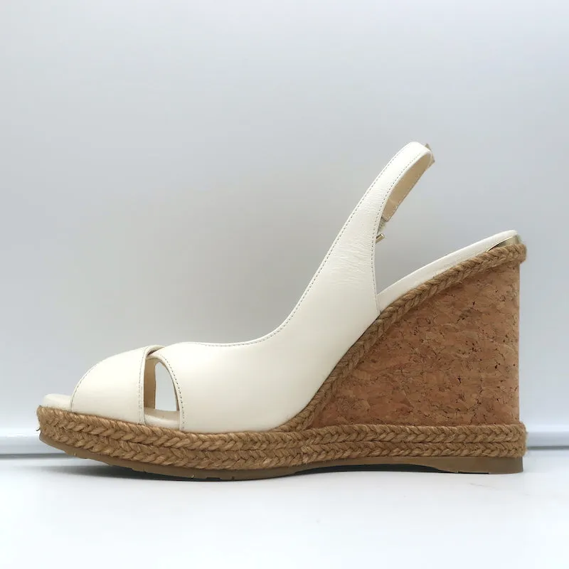 Jimmy Choo Amely 105 Slingback Cork Platform Wedge Sandals White Leather Size 39