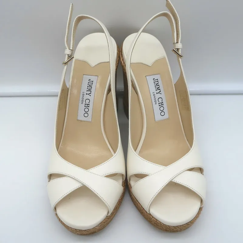 Jimmy Choo Amely 105 Slingback Cork Platform Wedge Sandals White Leather Size 39