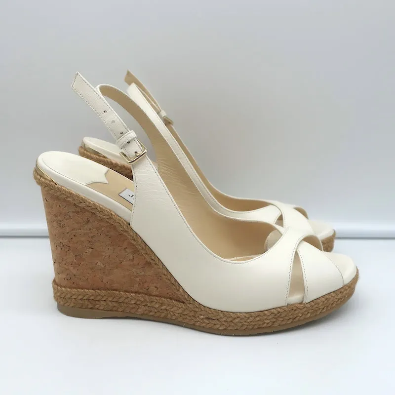 Jimmy Choo Amely 105 Slingback Cork Platform Wedge Sandals White Leather Size 39