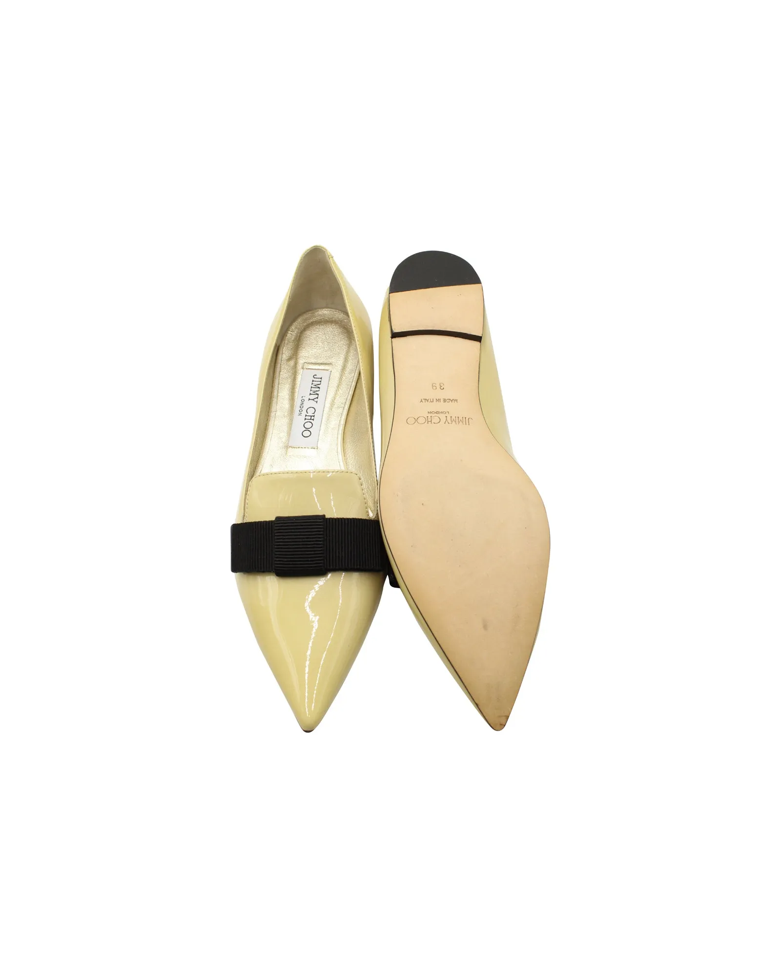 Jimmy Choo Gala Bow Pointed Flats in Yellow Patent Leather
