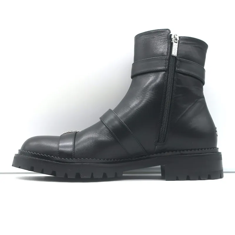 Jimmy Choo Hank Jewel Buckle Flat Ankle Boots Black Leather Size 39 NEW