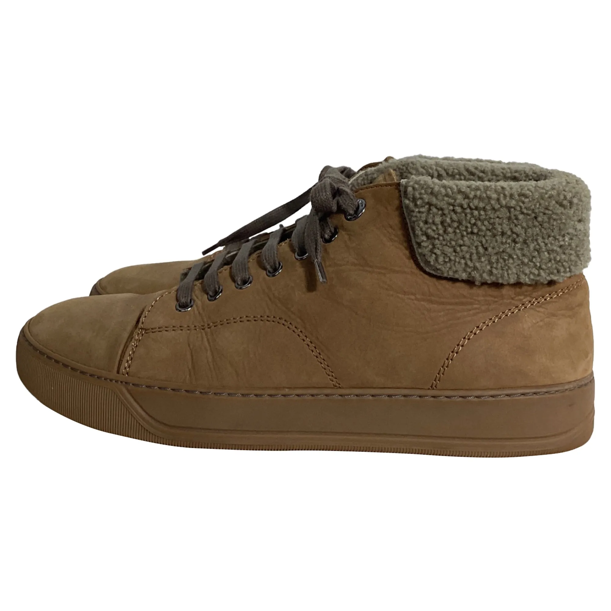 Lanvin Nubuck Shear-Lined High-Top Sneakers in Brown Suede