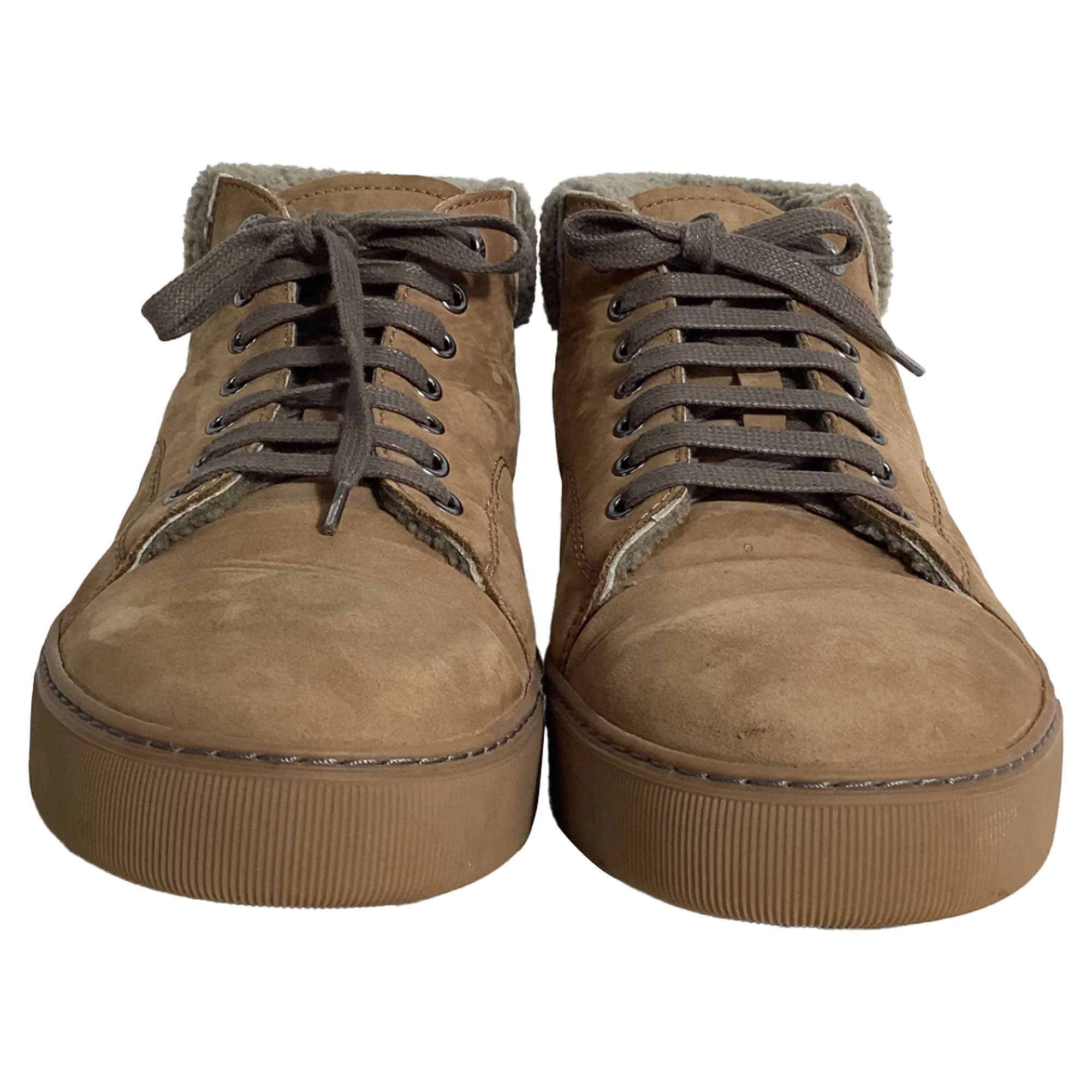 Lanvin Nubuck Shear-Lined High-Top Sneakers in Brown Suede