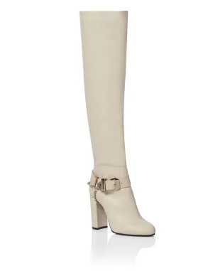 Leather Boots High Heels High Embossed Hexagon