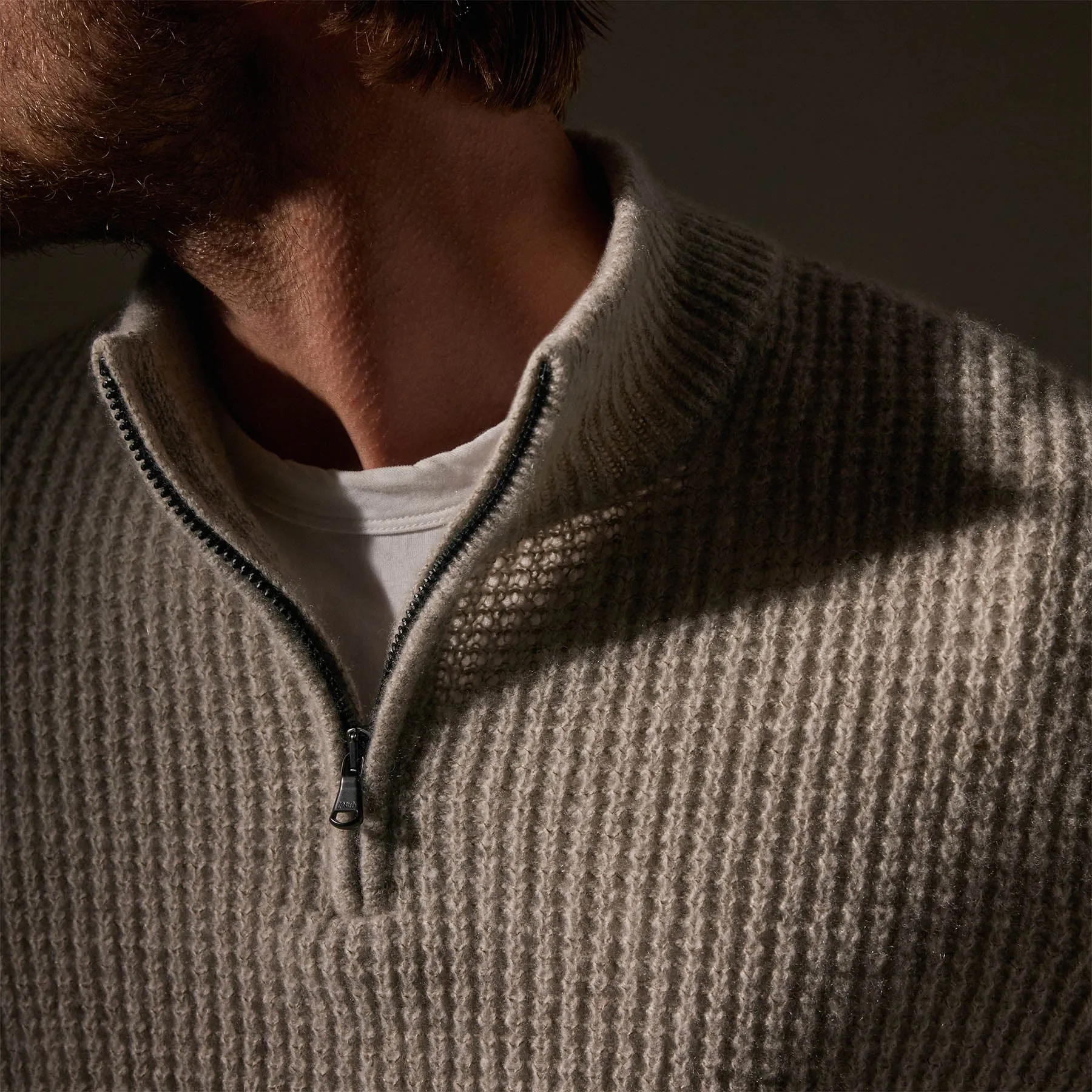 Lightweight Textured Cashmere Waffle Half Zip - Hazel