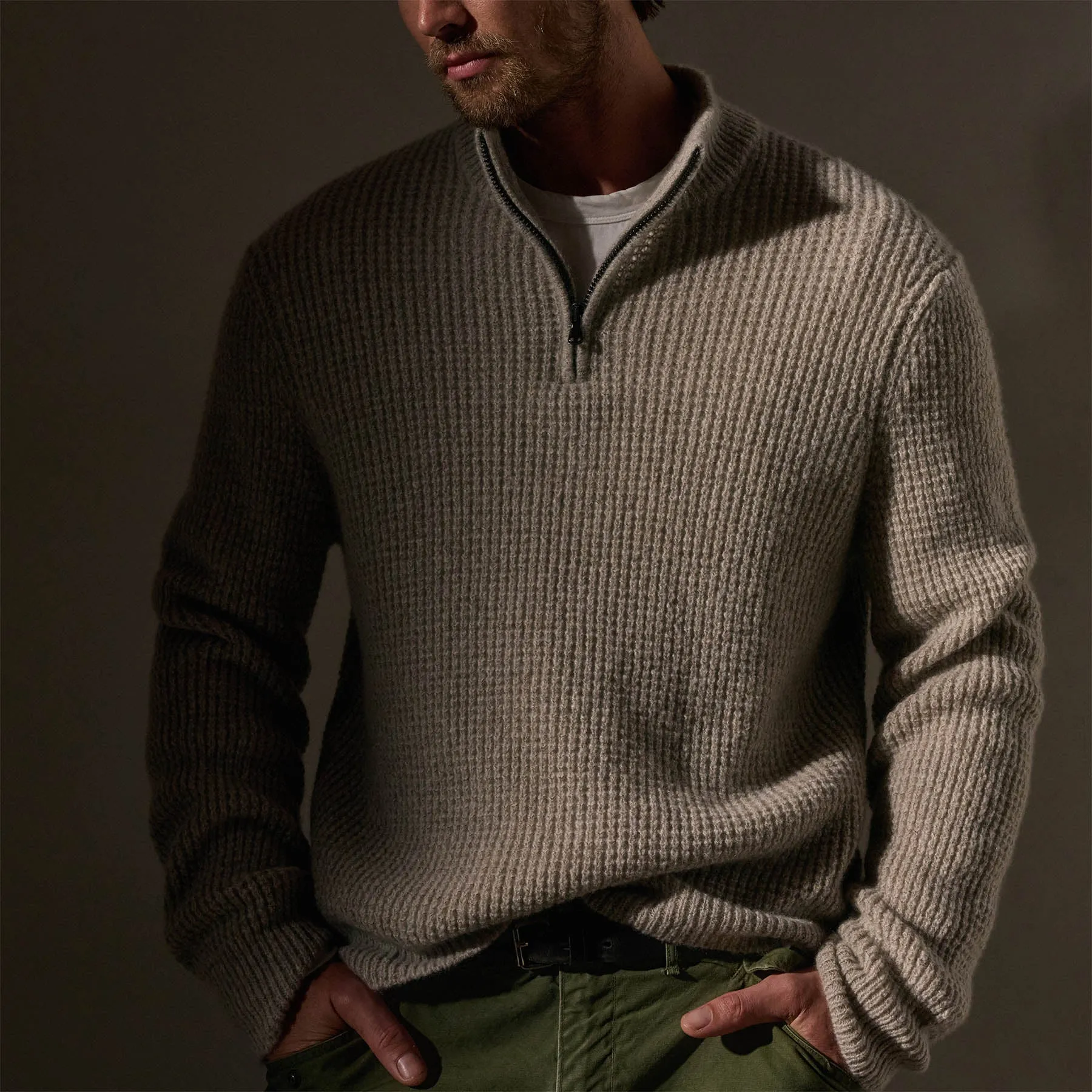 Lightweight Textured Cashmere Waffle Half Zip - Hazel