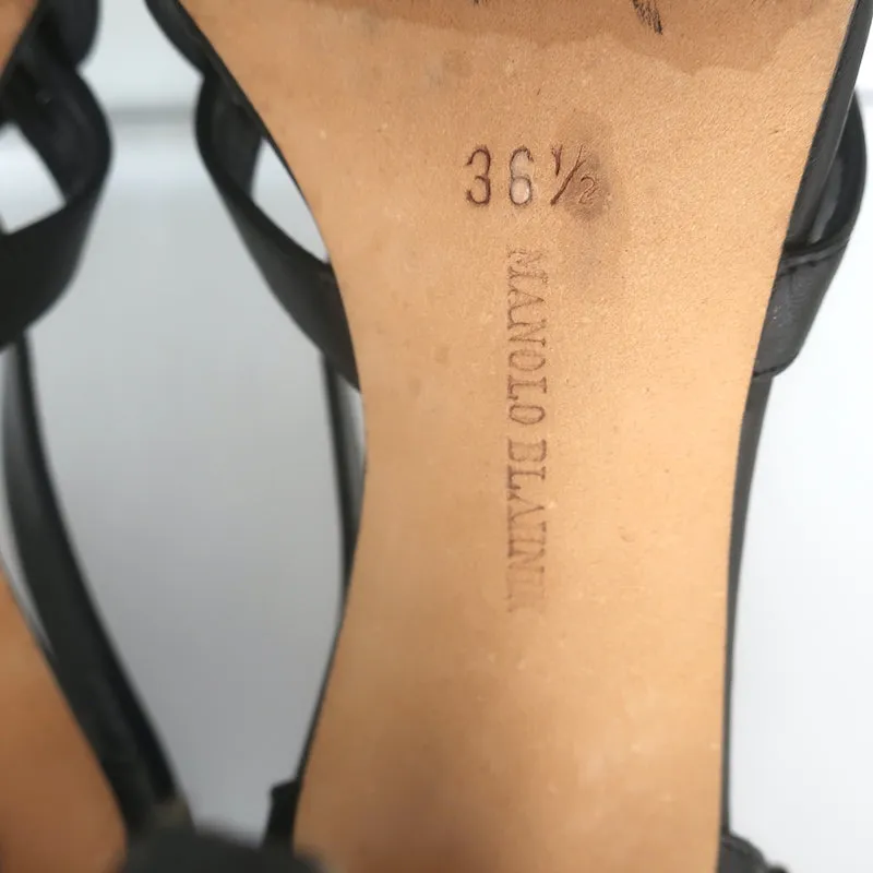 Manolo Blahnik Buckled Strappy Sandals Black Leather Size 36.5 Open Toe Heels