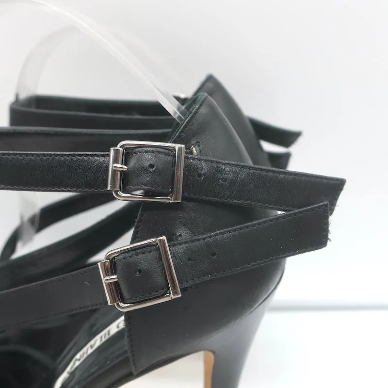 Manolo Blahnik Buckled Strappy Sandals Black Leather Size 36.5 Open Toe Heels