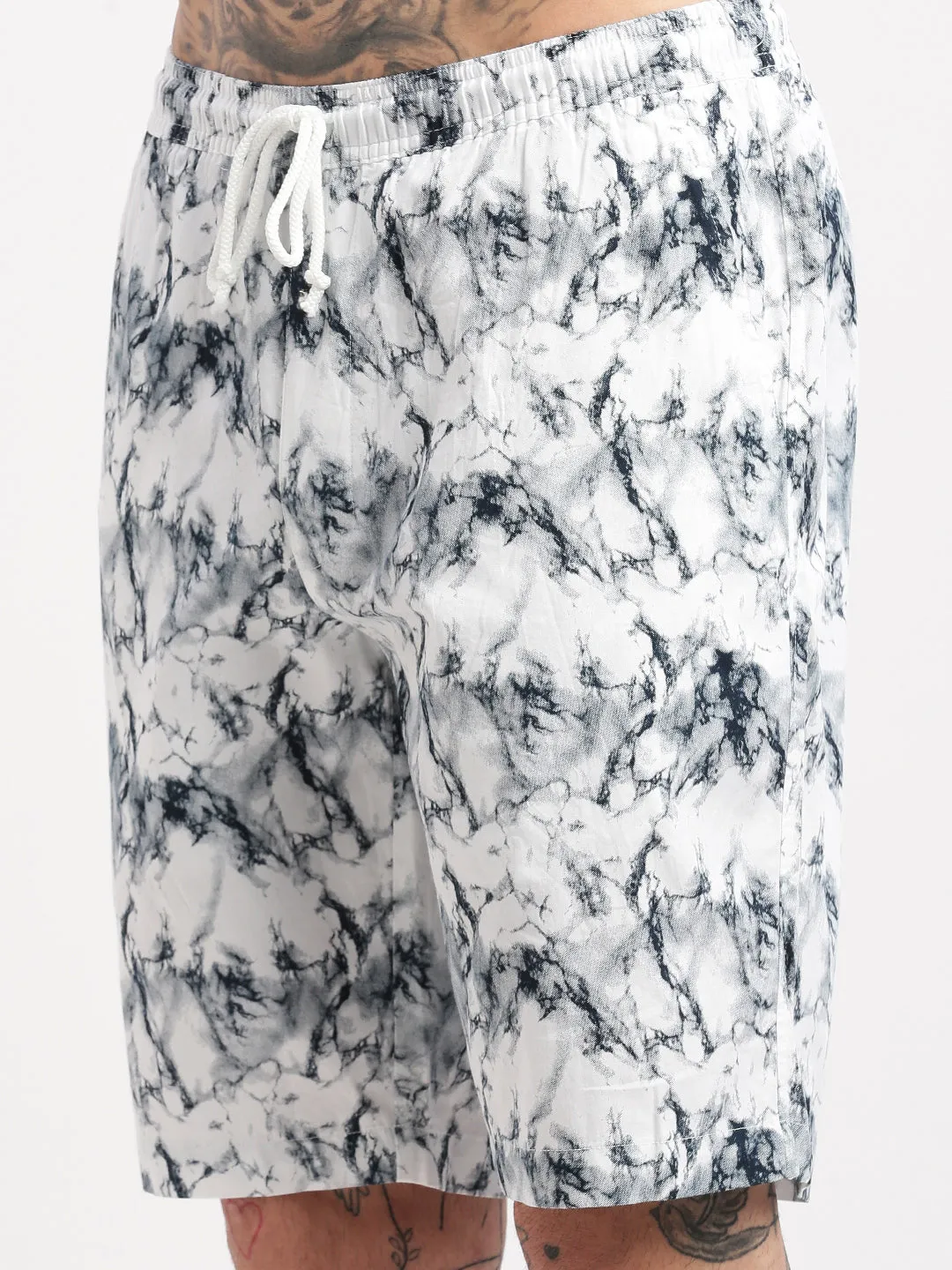 Men Abstract Cuban Collar White Co-Ords Set