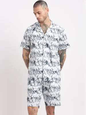Men Abstract Cuban Collar White Co-Ords Set