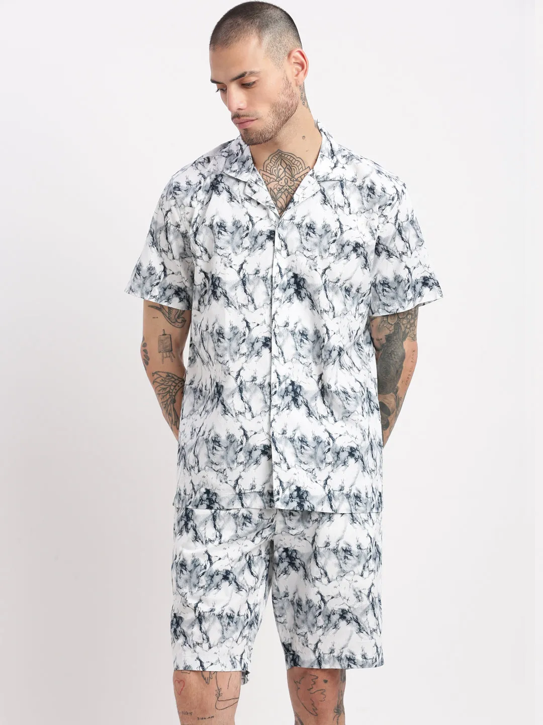 Men Abstract Cuban Collar White Co-Ords Set