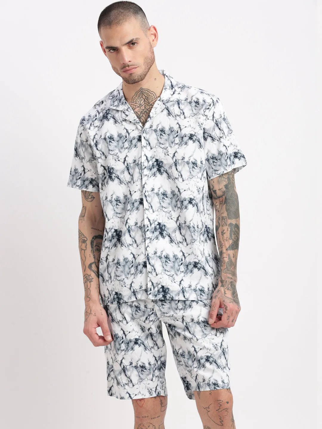 Men Abstract Cuban Collar White Co-Ords Set