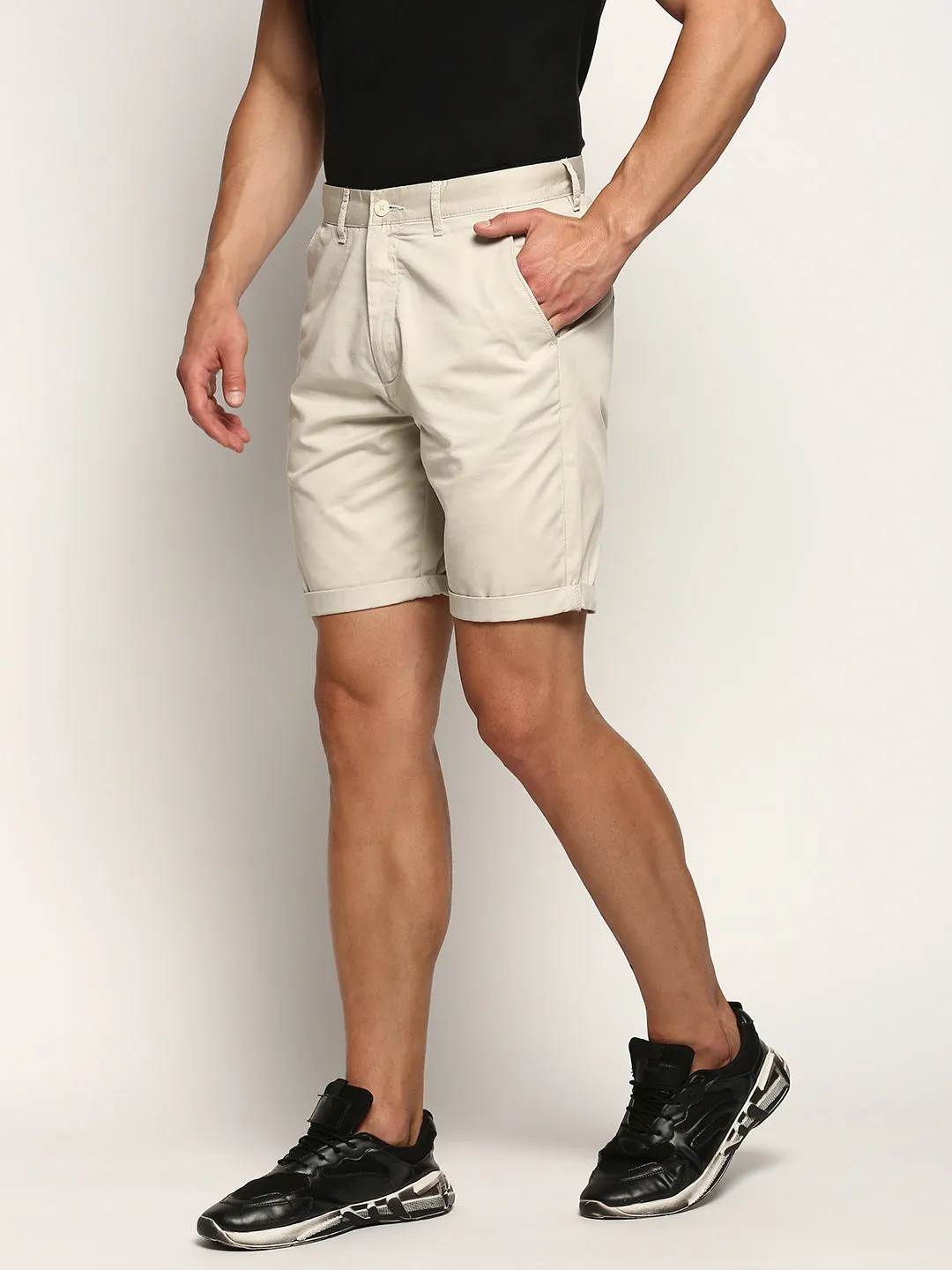Men Beige Mid Rise Cotton Chinos Shorts