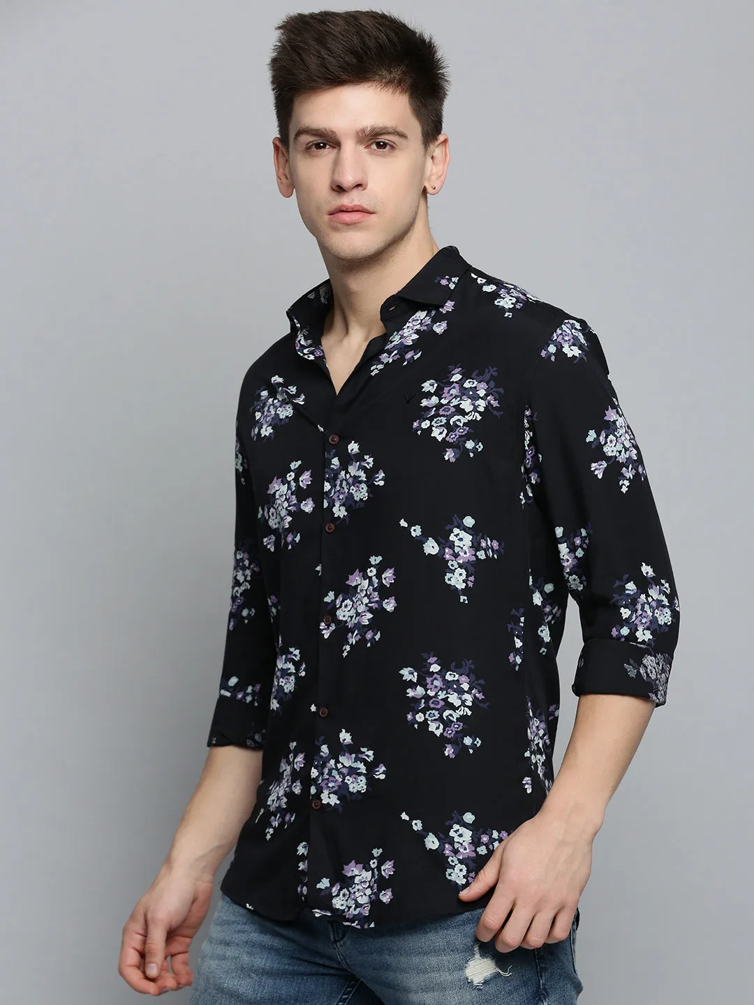 Men Black Comfort Floral Printed Spread Collar Cotton Casual Shirt