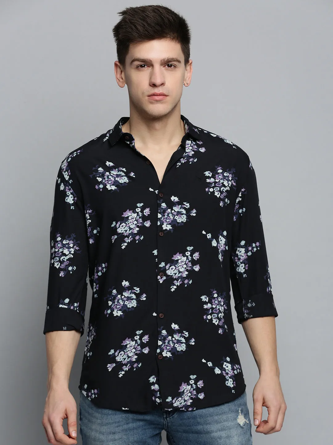 Men Black Comfort Floral Printed Spread Collar Cotton Casual Shirt