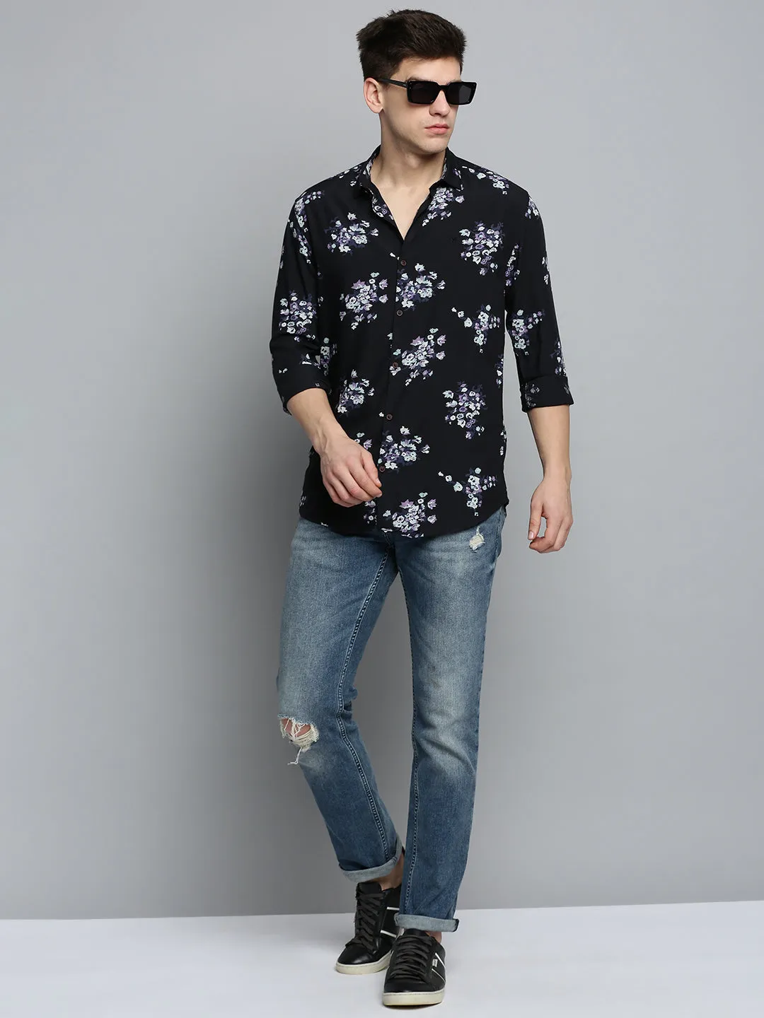 Men Black Comfort Floral Printed Spread Collar Cotton Casual Shirt