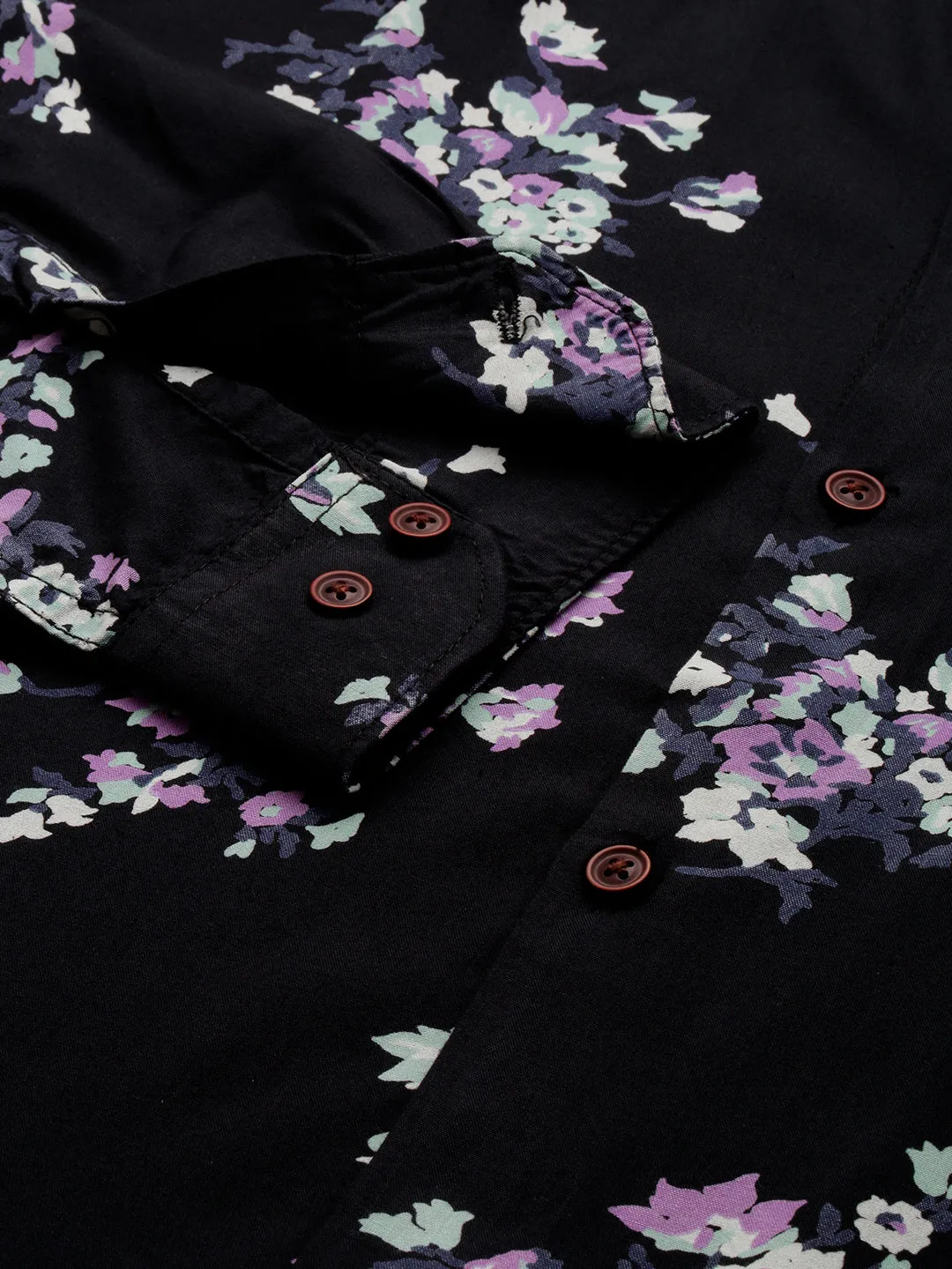 Men Black Comfort Floral Printed Spread Collar Cotton Casual Shirt