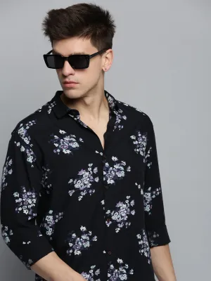 Men Black Comfort Floral Printed Spread Collar Cotton Casual Shirt