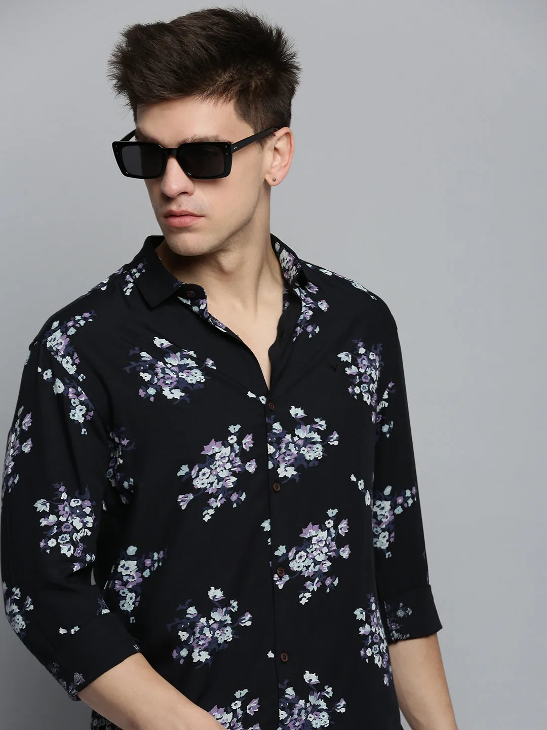 Men Black Comfort Floral Printed Spread Collar Cotton Casual Shirt