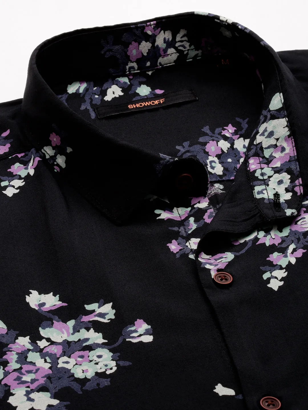 Men Black Comfort Floral Printed Spread Collar Cotton Casual Shirt