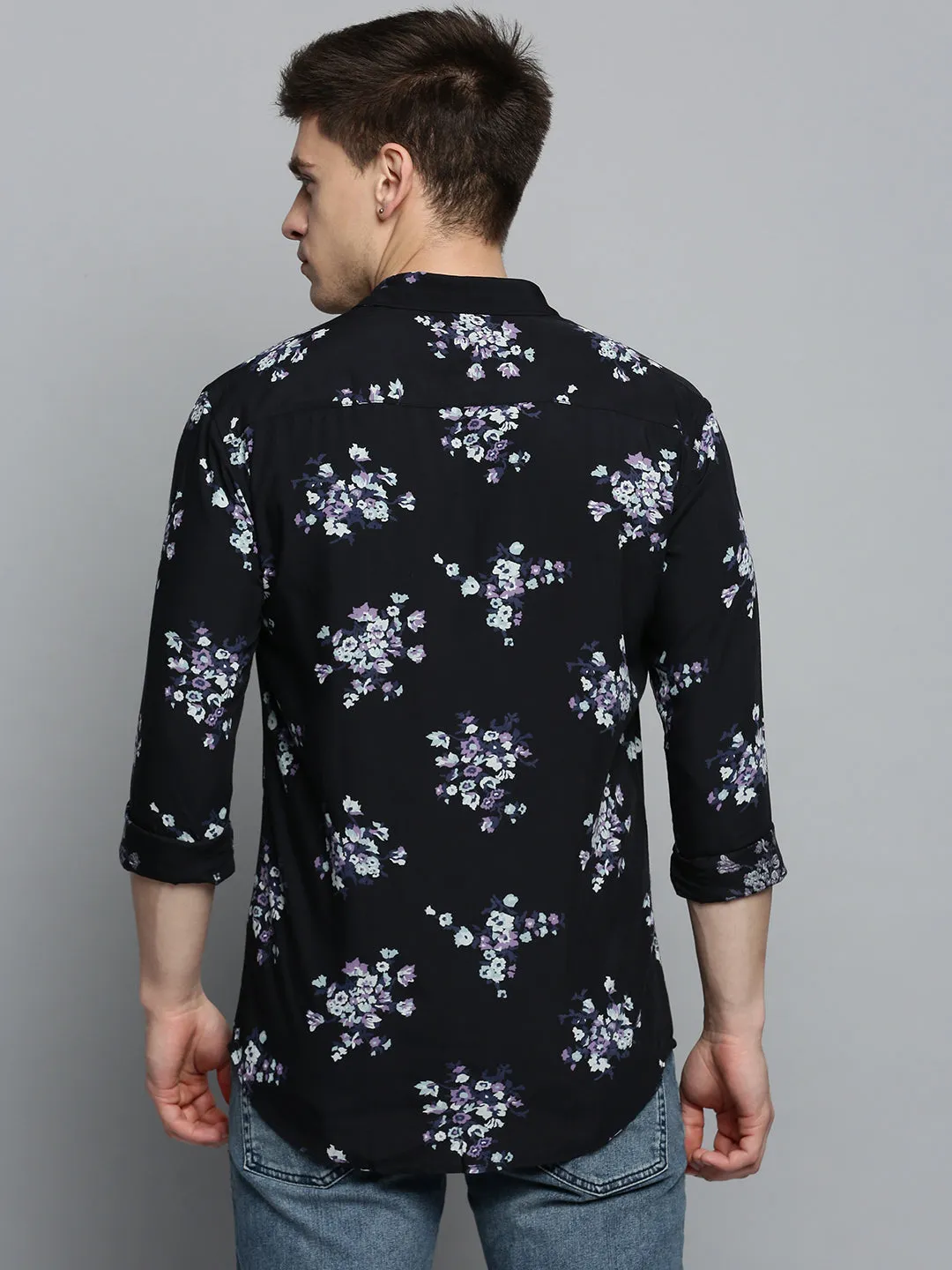 Men Black Comfort Floral Printed Spread Collar Cotton Casual Shirt