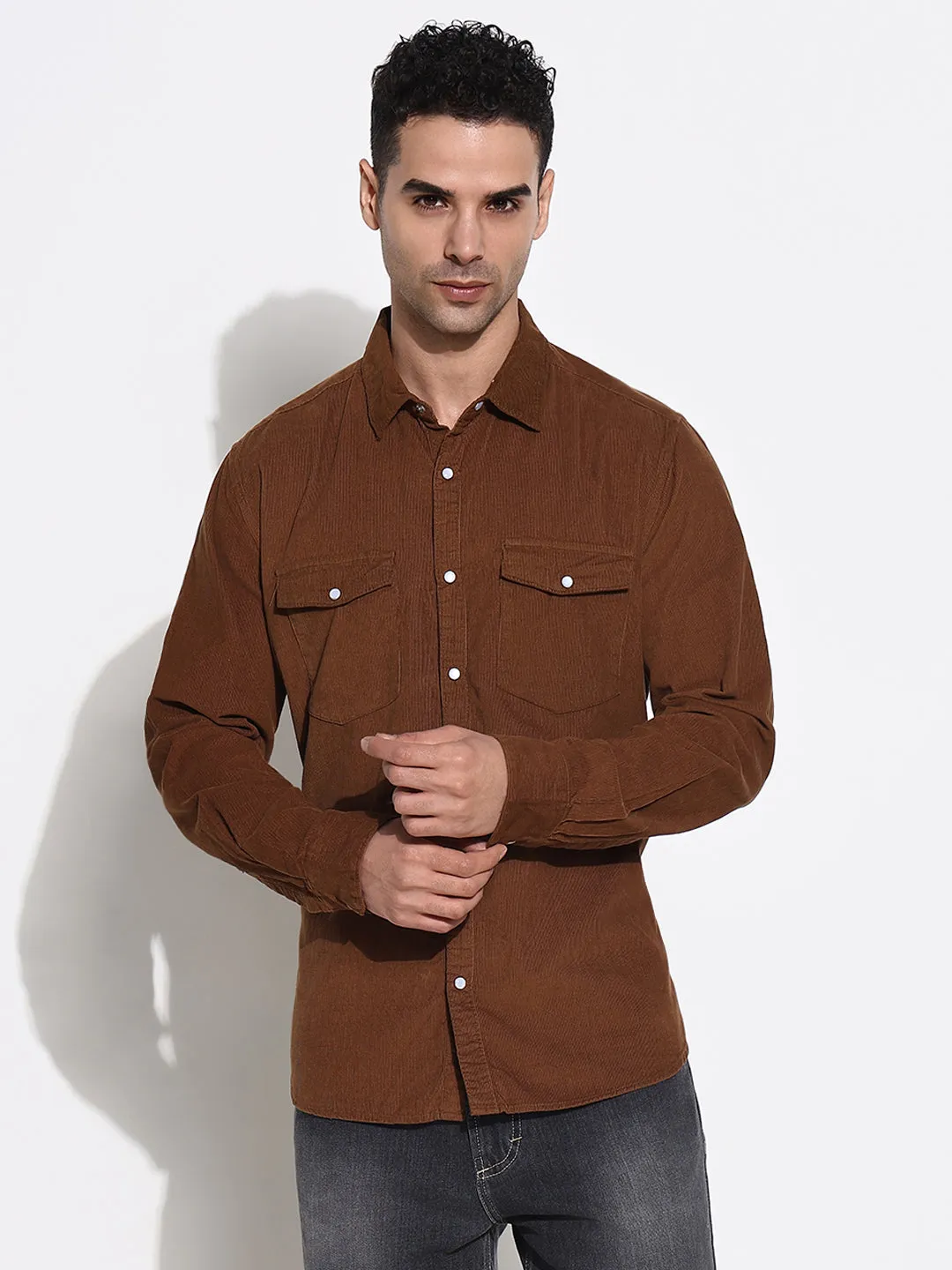 Men Brown Solid Slim Fit Shirt