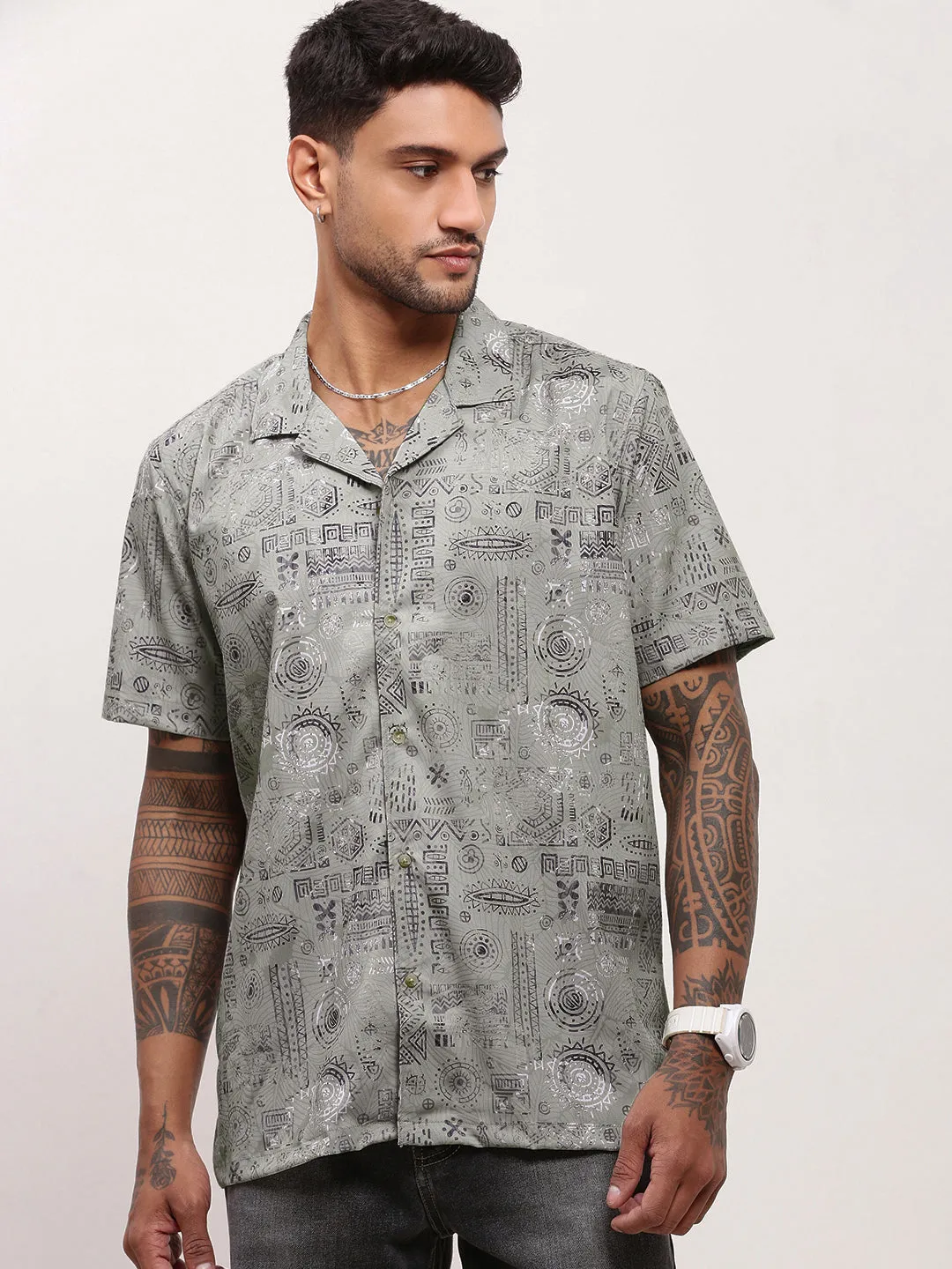 Men Green Geometric Cuban Collar Shirt