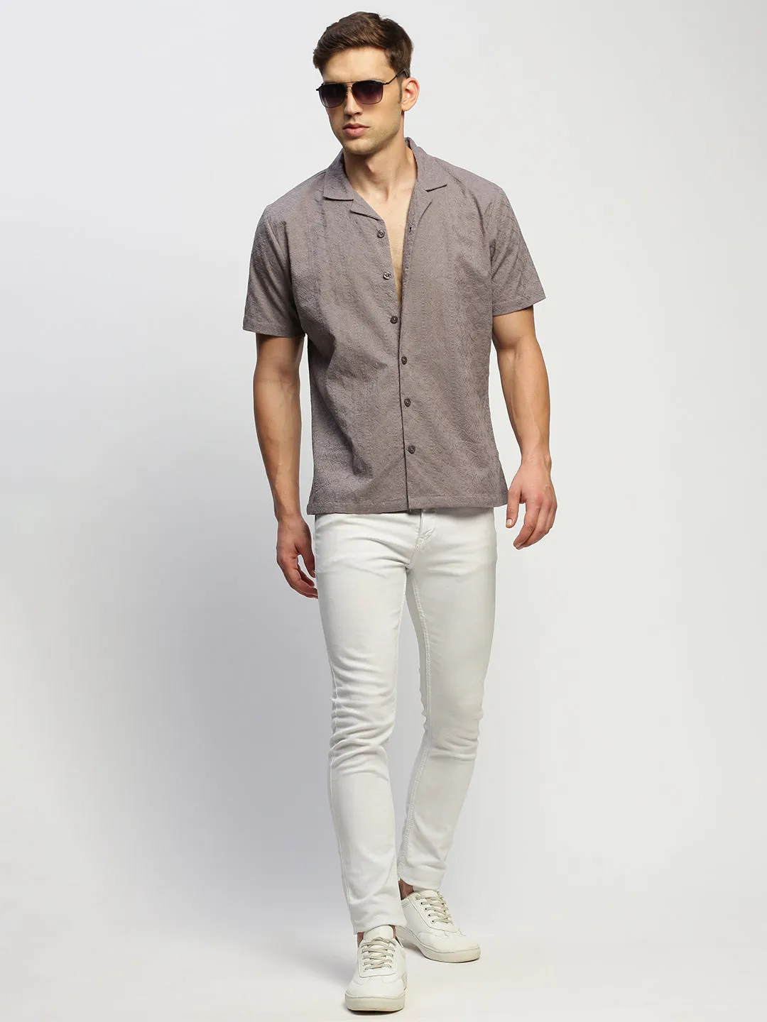 Men Grey Floral Embroidered Comfort Relaxed Fit Cotton Casual Shirt
