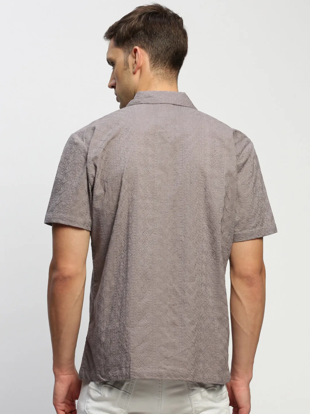 Men Grey Floral Embroidered Comfort Relaxed Fit Cotton Casual Shirt