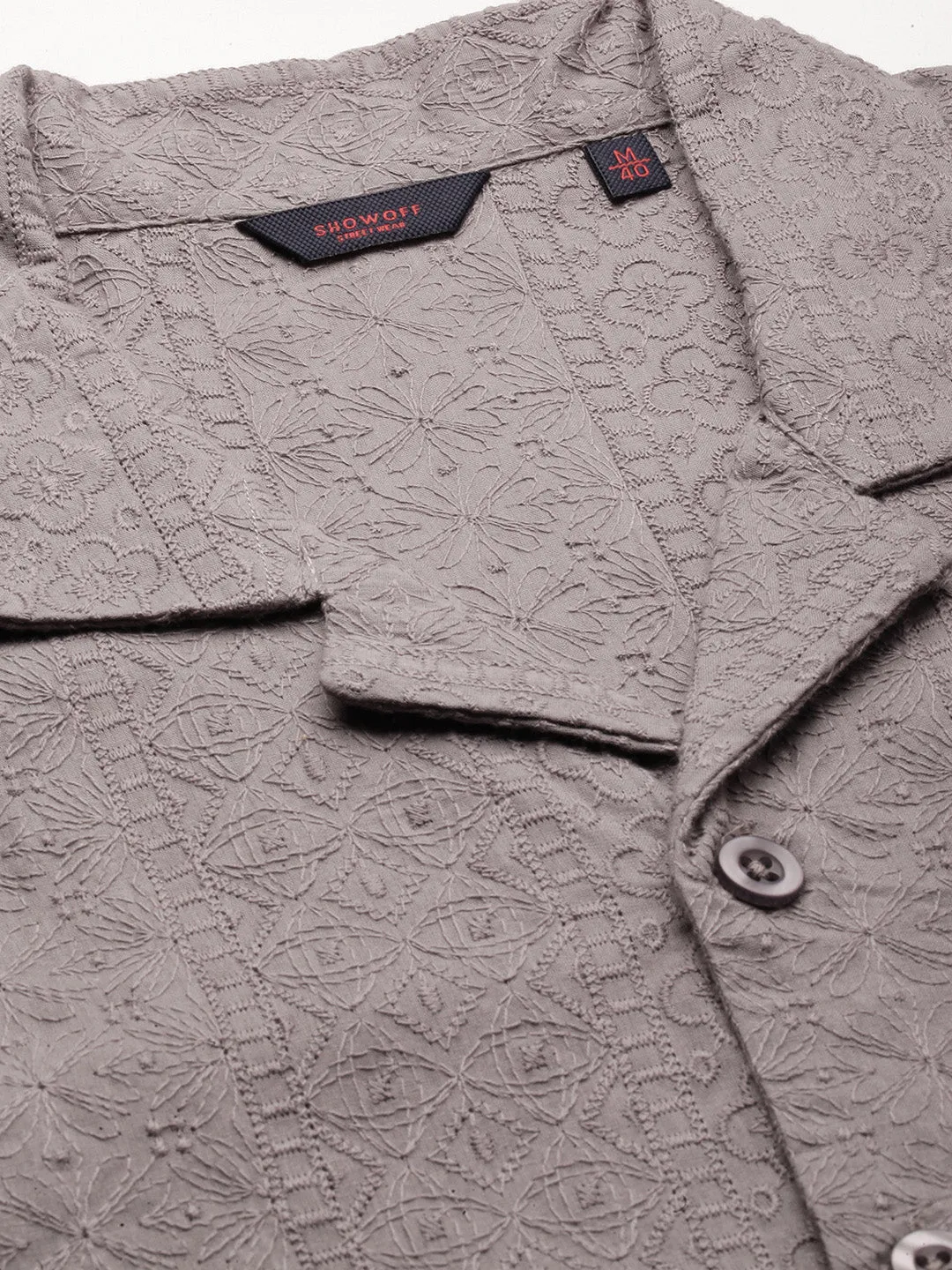 Men Grey Floral Embroidered Comfort Relaxed Fit Cotton Casual Shirt