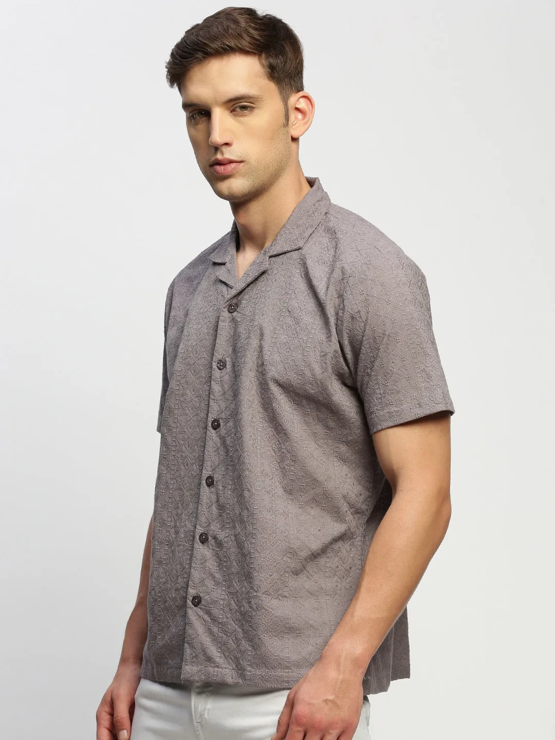 Men Grey Floral Embroidered Comfort Relaxed Fit Cotton Casual Shirt