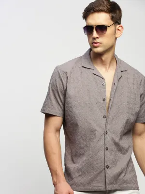 Men Grey Floral Embroidered Comfort Relaxed Fit Cotton Casual Shirt