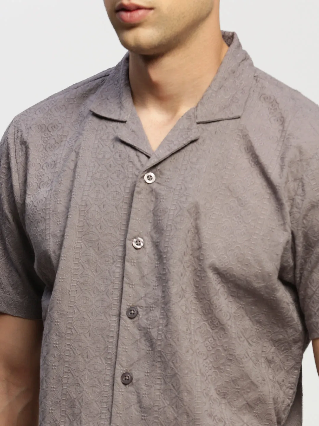 Men Grey Floral Embroidered Comfort Relaxed Fit Cotton Casual Shirt