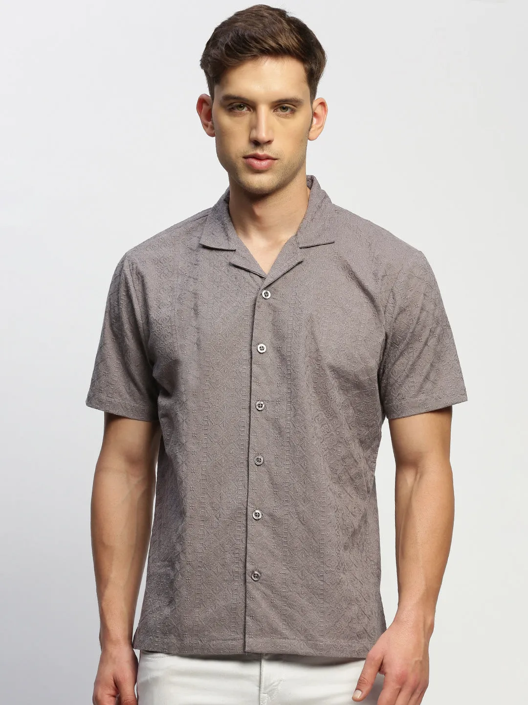 Men Grey Floral Embroidered Comfort Relaxed Fit Cotton Casual Shirt